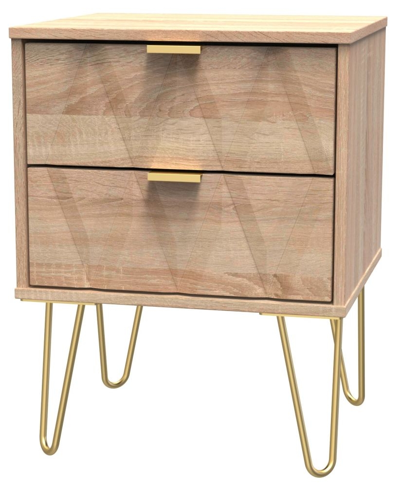 Diamond Bedside Cabinet - 2 Drawer - with Gold Hairpin Legs - Oak