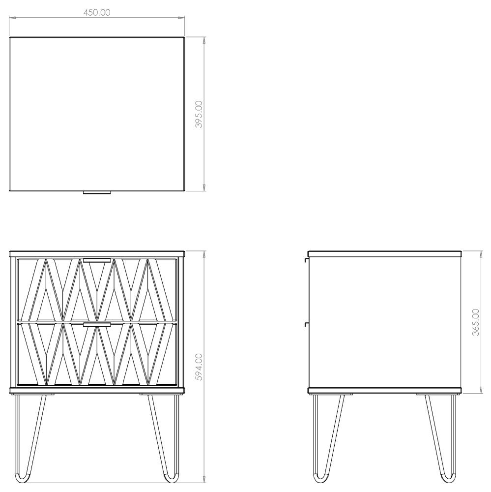 Diamond Bedside Cabinet - 2 Drawer - with Gold Hairpin Legs - Oak