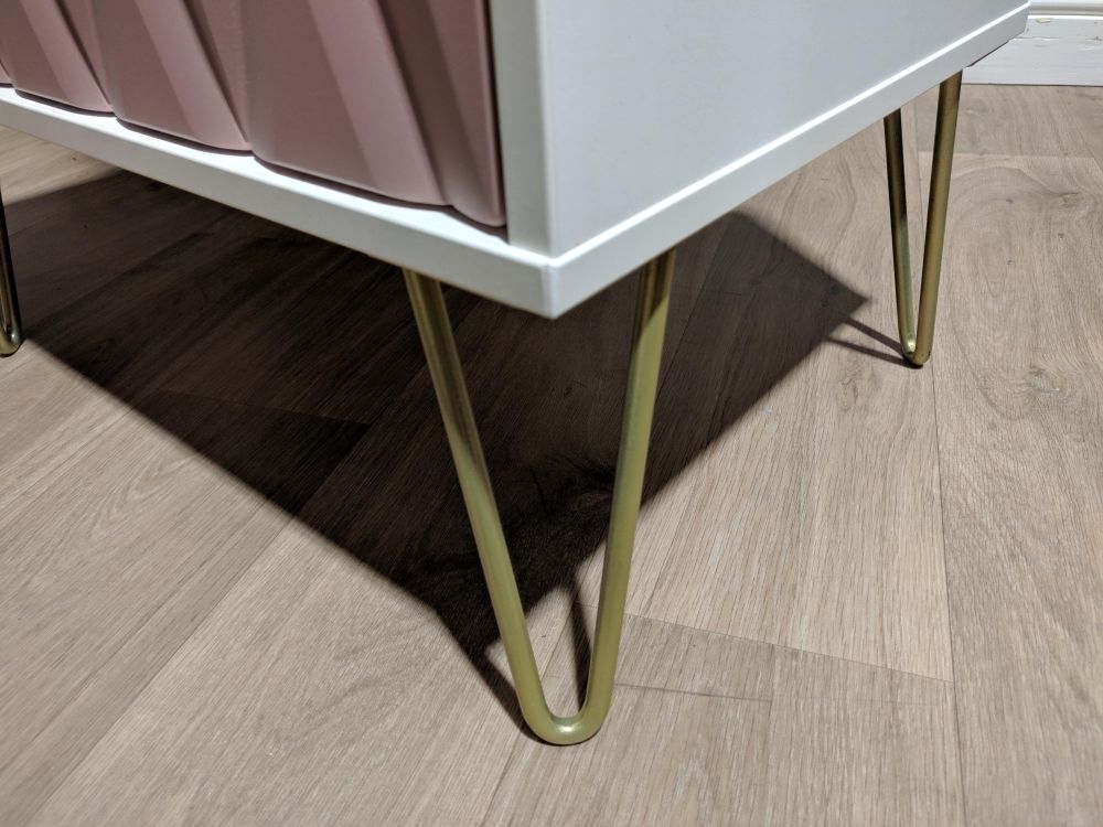 Diamond Midi Bedside Table - 1 Drawer - with Gold Hairpin Legs - Pink and White