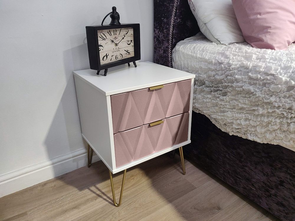 Diamond Bedside Cabinet - 2 Drawer - with Gold Hairpin Legs - Pink and White