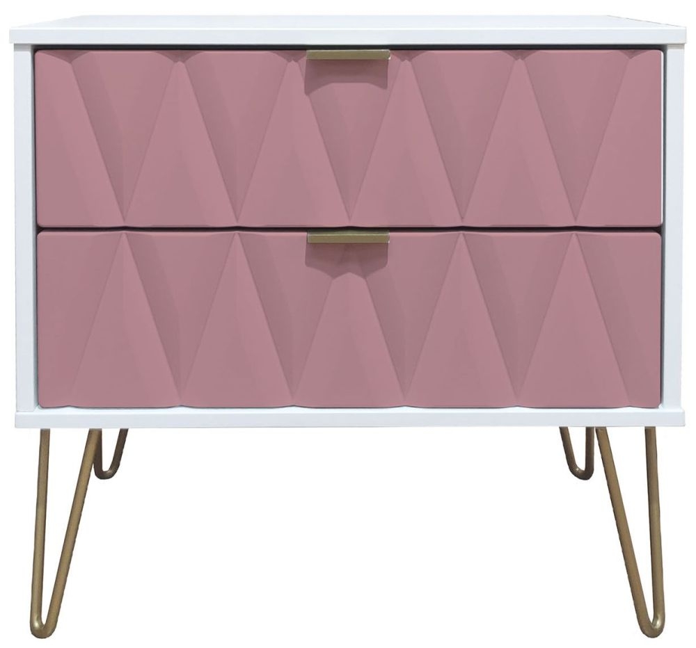 Diamond Pink and White 2 Drawer Midi Bedside Cabinet with Gold Hairpin Legs