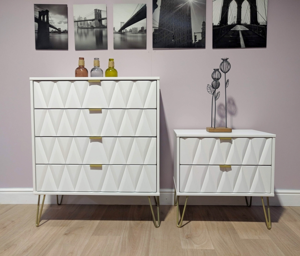Diamond Midi Bedside Cabinet - 2 Drawer - with Gold Hairpin Legs - White