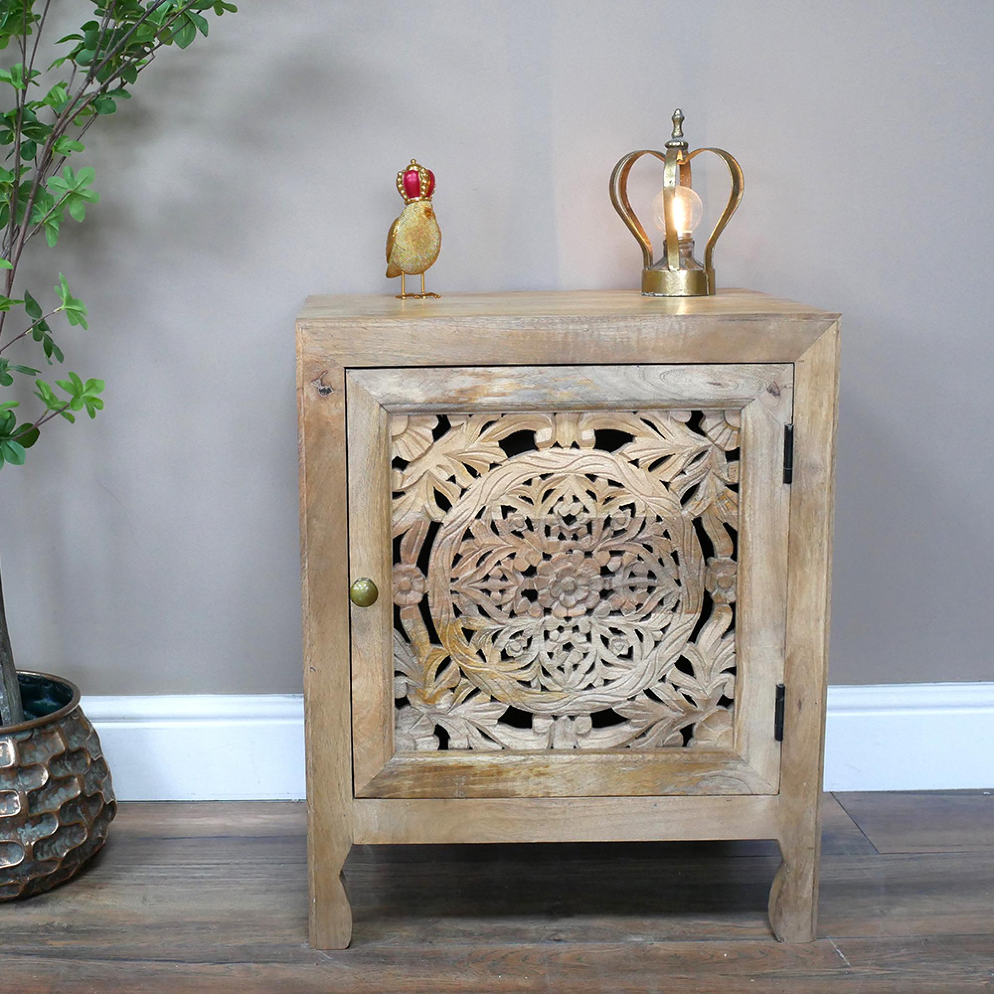 Bedside Cabinet - 1 Door - Carved Mango Wood