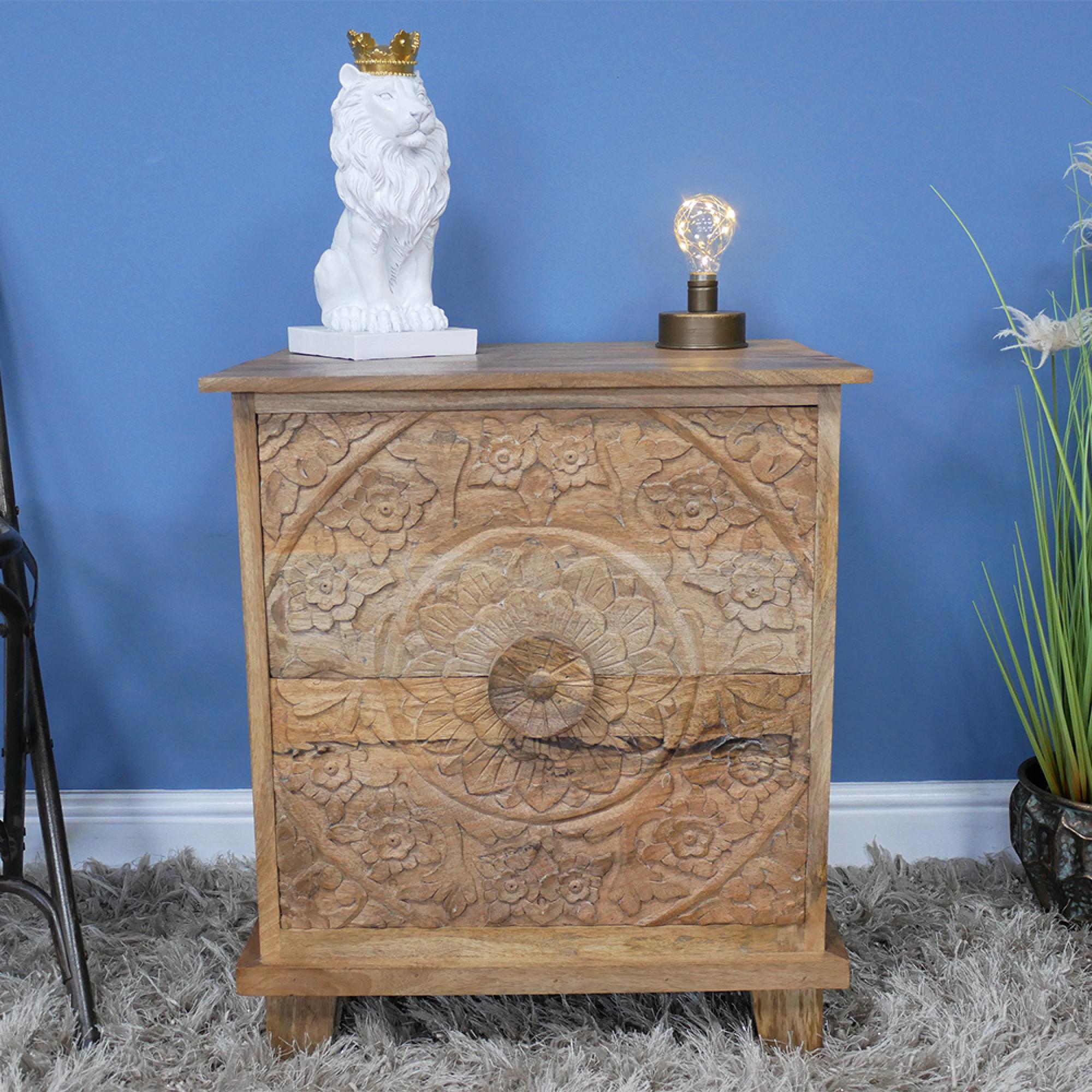 Bedside Cabinet - 2 Drawer - Carved Mango Wood - Large
