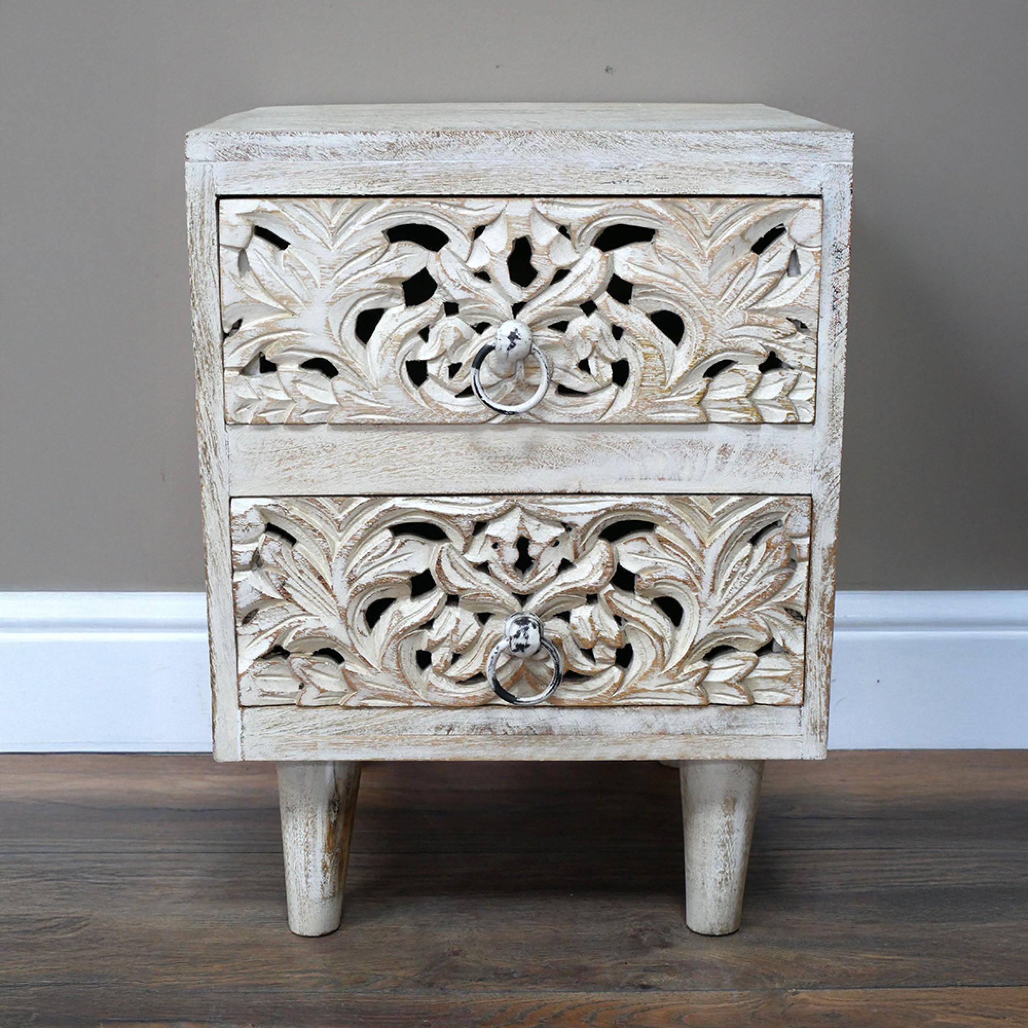 Bedside Cabinet - 2 Drawer - Distressed White Carved Mango Wood