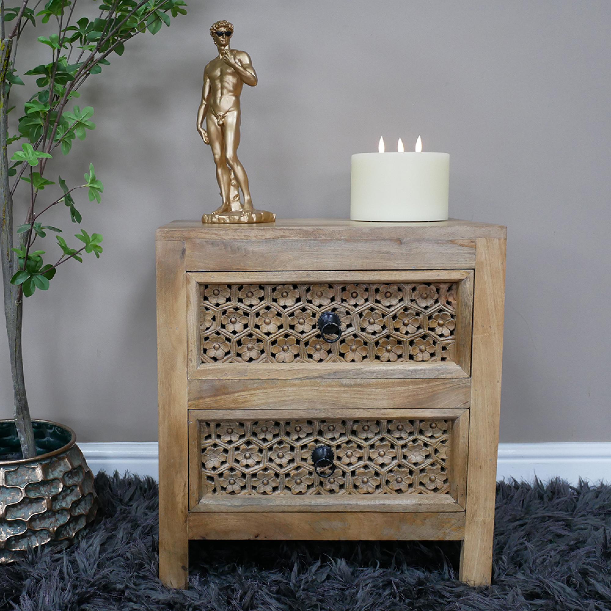 Bedside Cabinet - 2 Drawer - Rustic Carved Mango Wood
