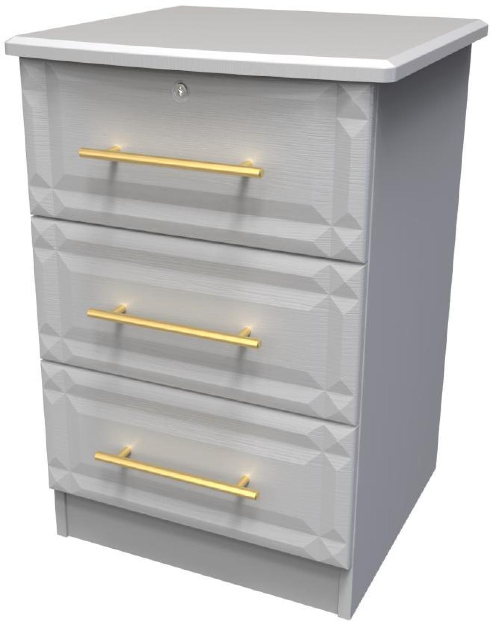 Faye Bedside Cabinet - 3 Drawer with Lock - Grey Ash