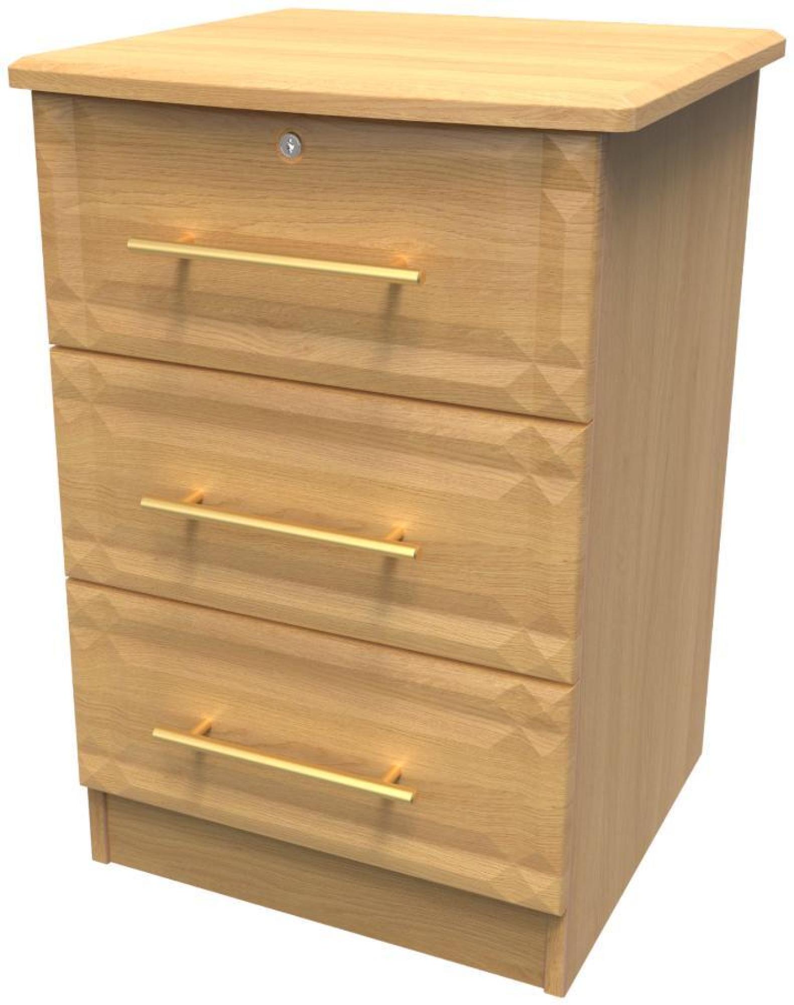 Faye Bedside Cabinet - 3 Drawer with Lock - Oak