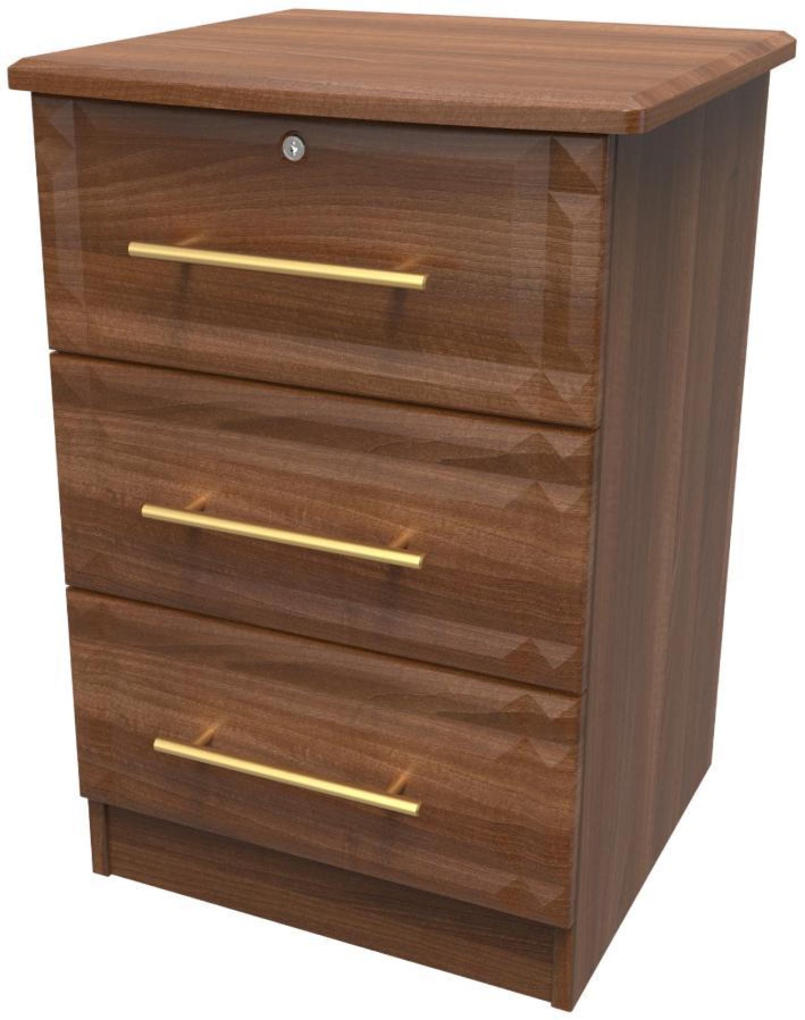 Faye Bedside Cabinet - 3 Drawer with Lock - Walnut