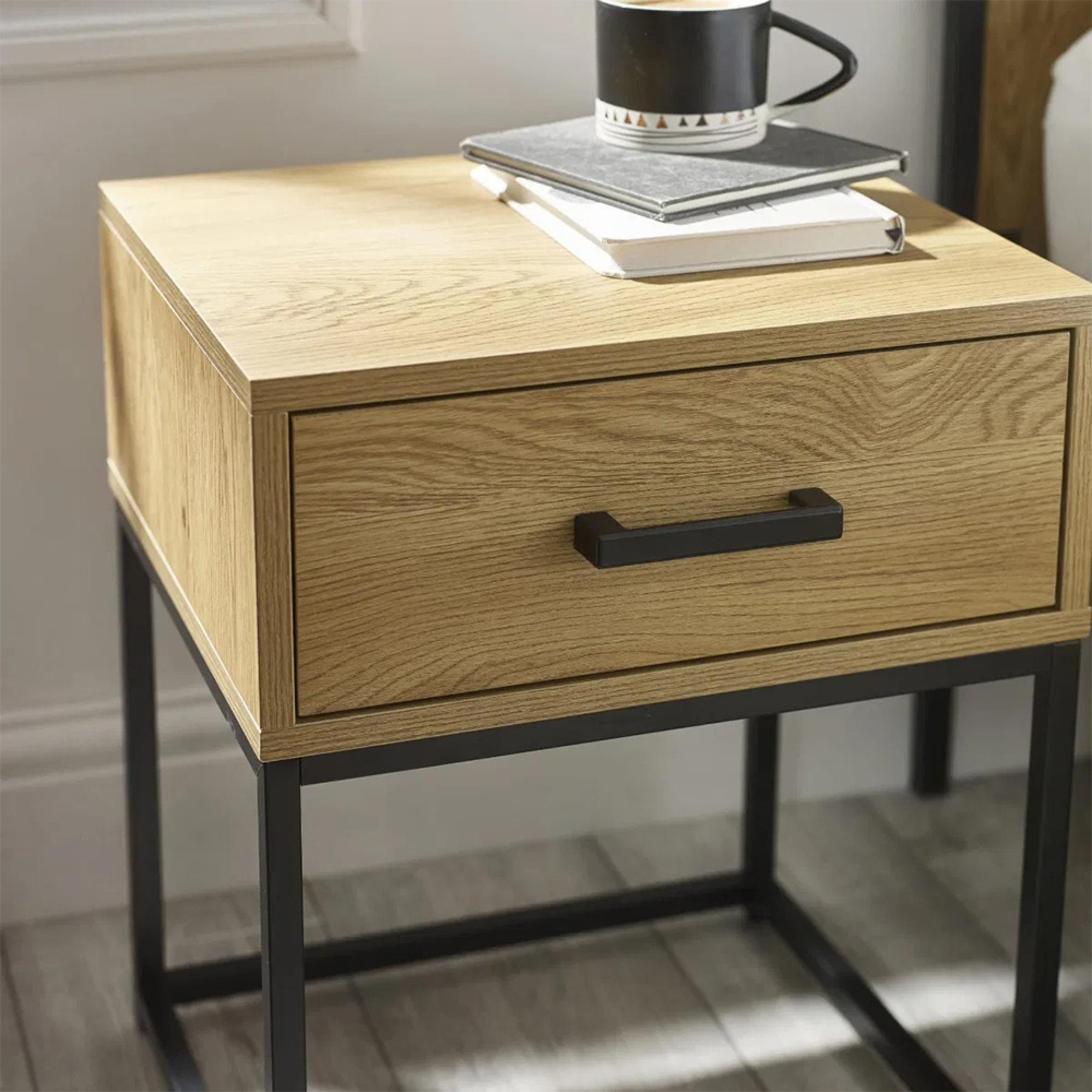 Harlow Light Oak Effect Square Bedside Table - 1 Drawer
