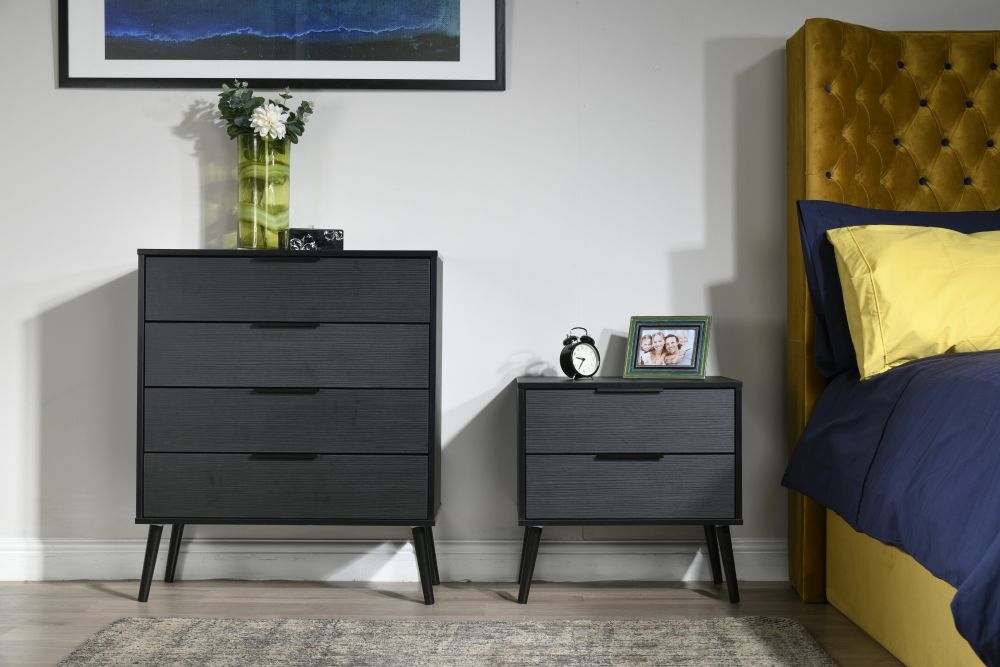 Hong Kong Bedside Cabinet - 2 Drawer - with Wooden Legs - Black