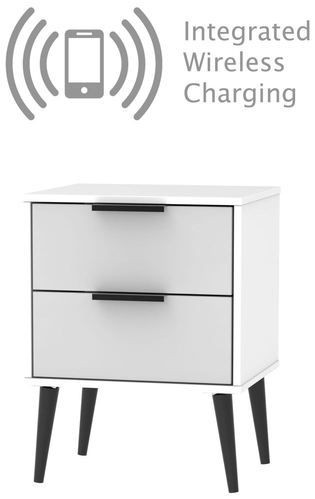 Hong Kong Bedside Cabinet - 2 Drawer - with Wooden Legs - Grey and White