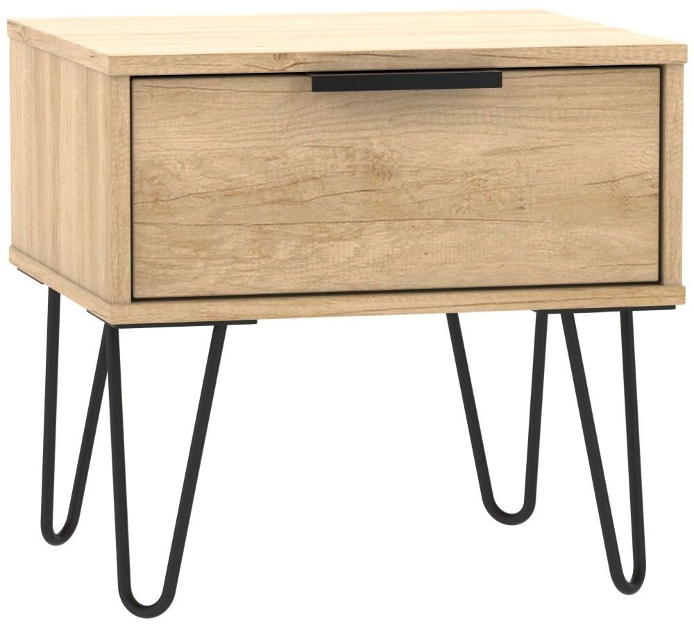 Hong Kong Oak Effect 1 Drawer Bedside Table with Hairpin Legs