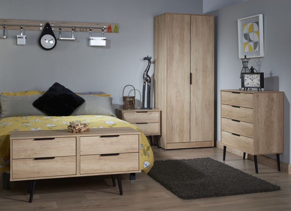 Hong Kong Bedside Cabinet - 2 Drawer - with Wooden Legs - Oak