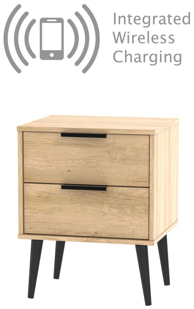 Hong Kong Bedside Cabinet - 2 Drawer - with Wooden Legs - Oak