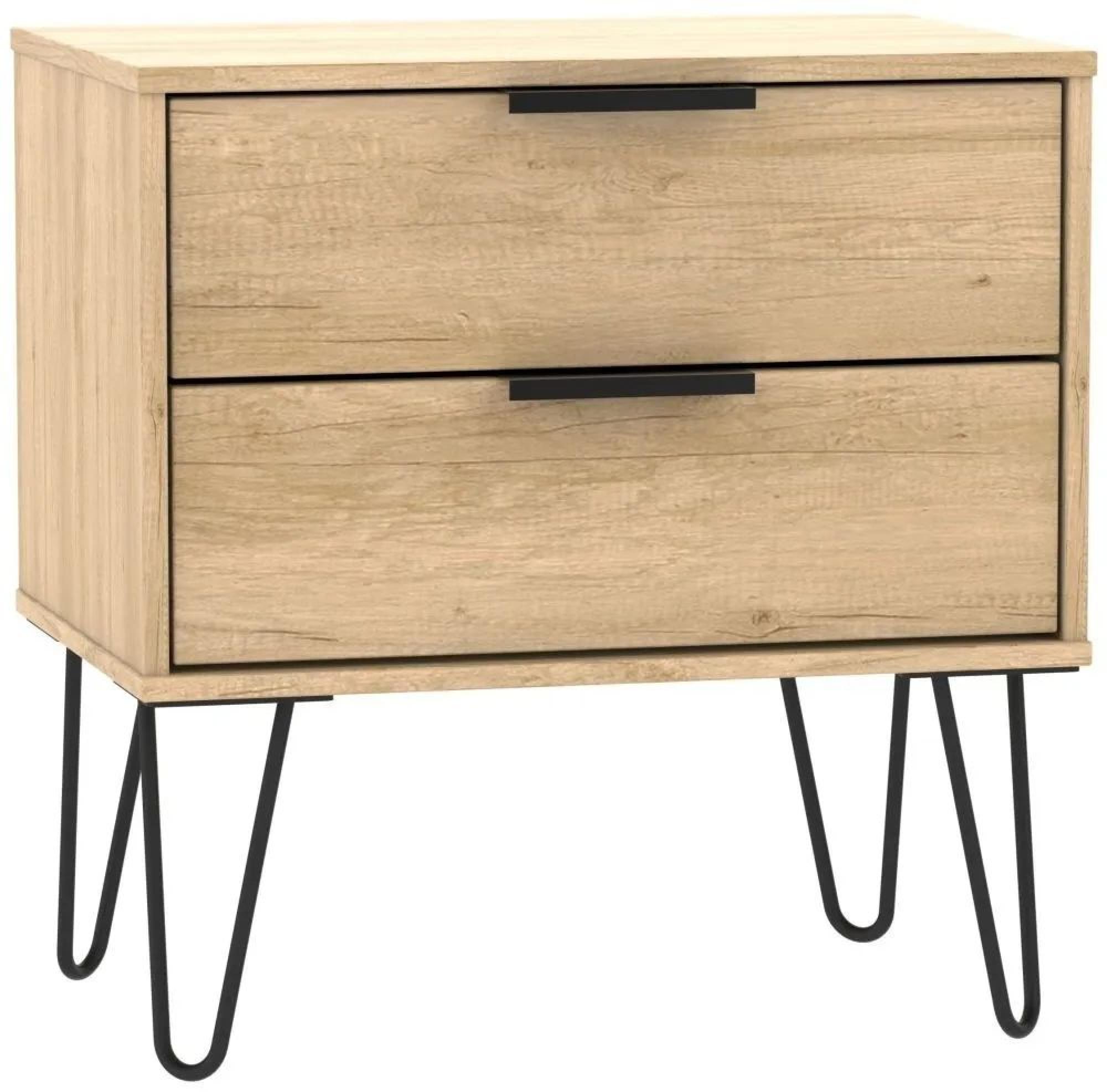 Hong Kong Oak Effect 2 Drawer Wide Bedside Cabinet with Hairpin Legs