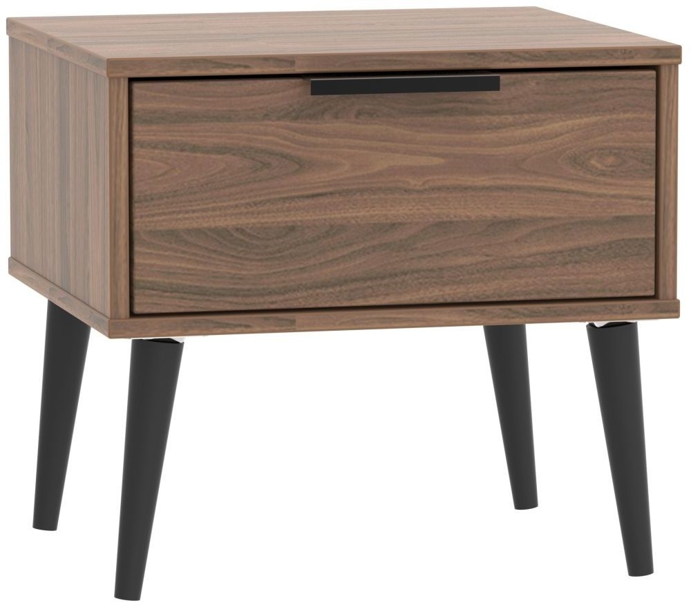 Hong Kong Walnut Effect 1 Drawer Bedside Table with Wooden Legs
