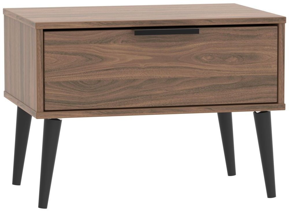 Hong Kong Walnut Effect 1 Drawer Wide Bedside Table with Wooden Legs