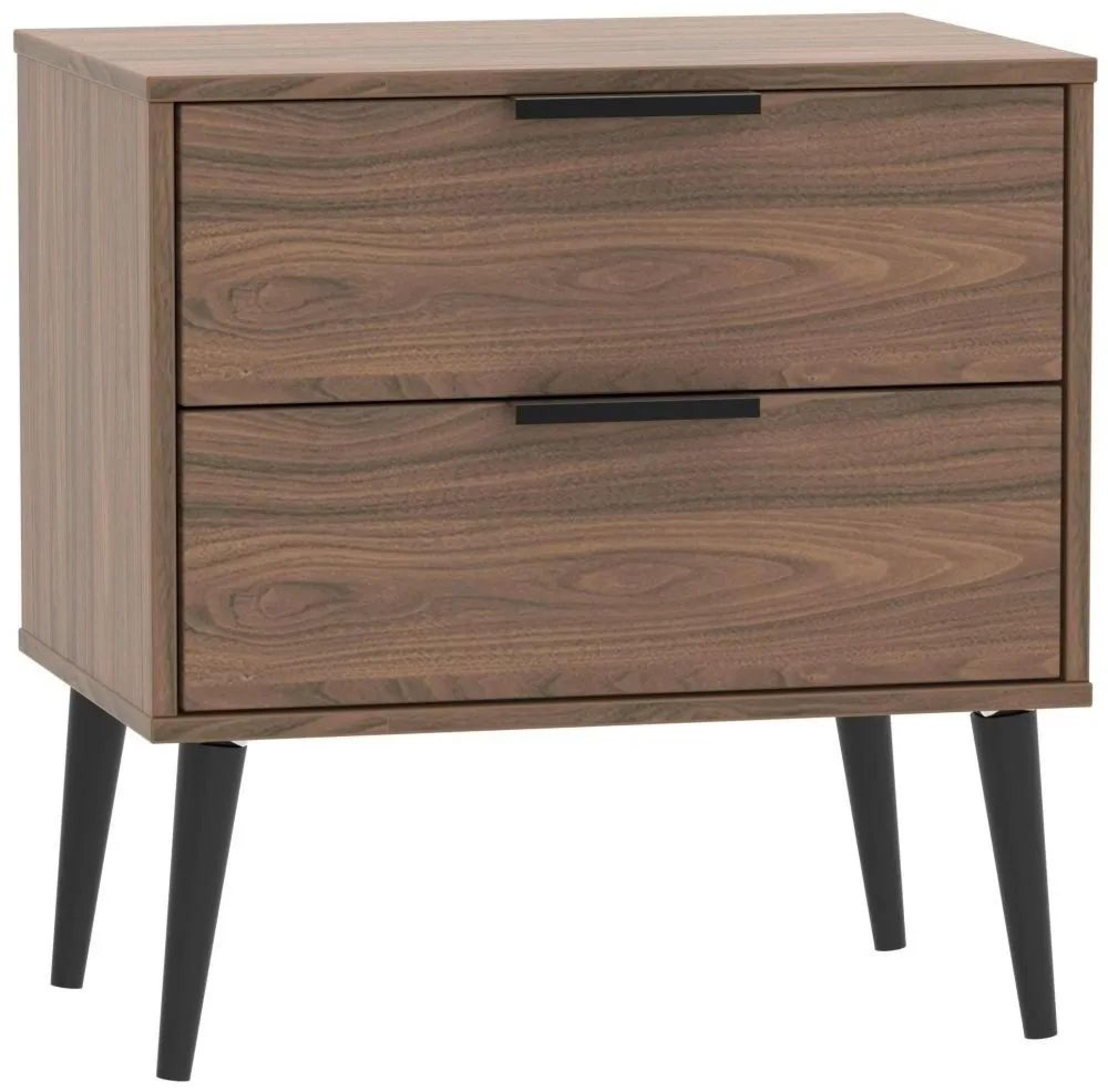 Hong Kong Walnut Effect 2 Drawer Wide Bedside Cabinet with Wooden Legs