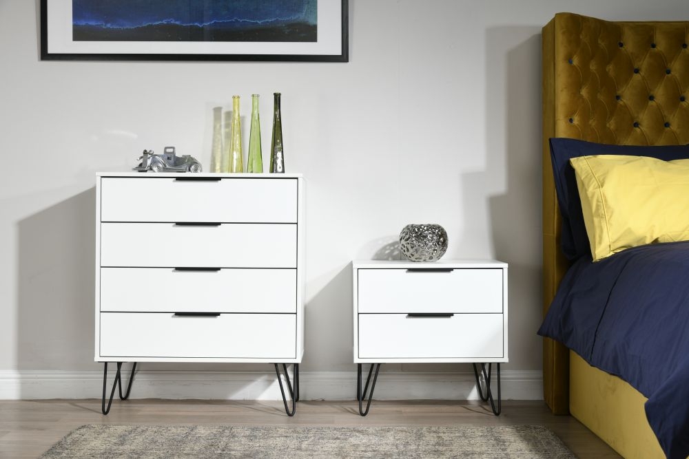 Hong Kong Bedside Cabinet - 2 Drawer - with Wooden Legs - White