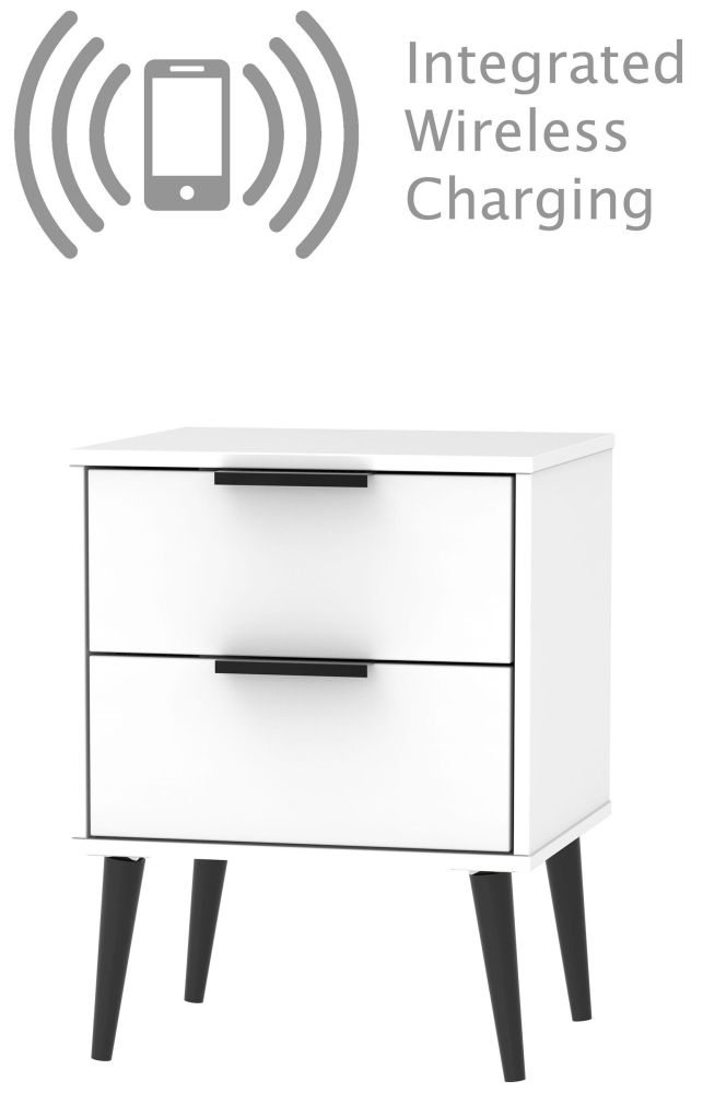 Hong Kong Bedside Cabinet - 2 Drawer - with Wooden Legs - White