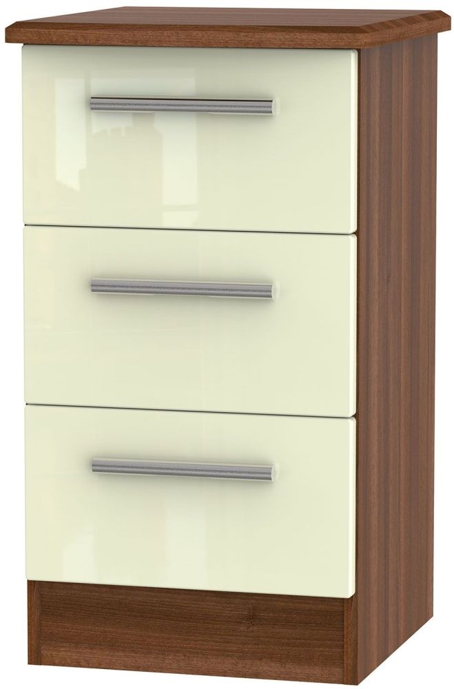 Knightsbridge Cream Gloss and Walnut Effect 3 Drawer Bedside Cabinet