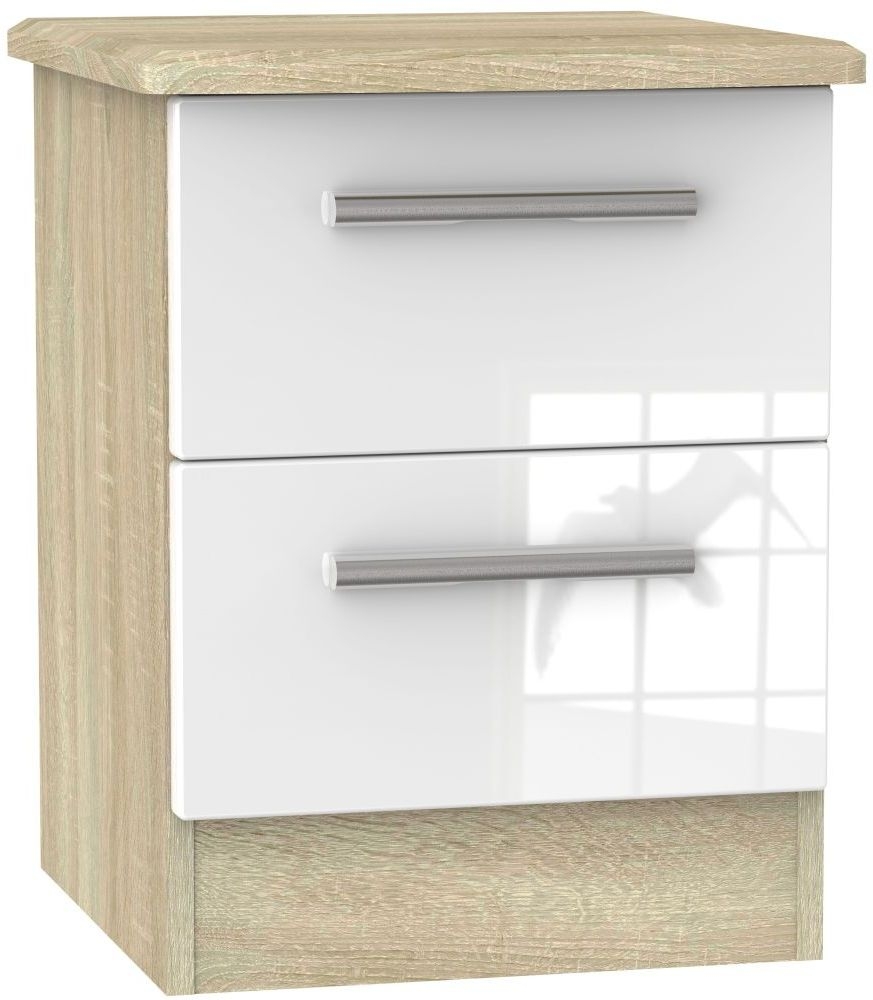 Knightsbridge White Gloss and Oak Effect 2 Drawer Bedside Cabinet