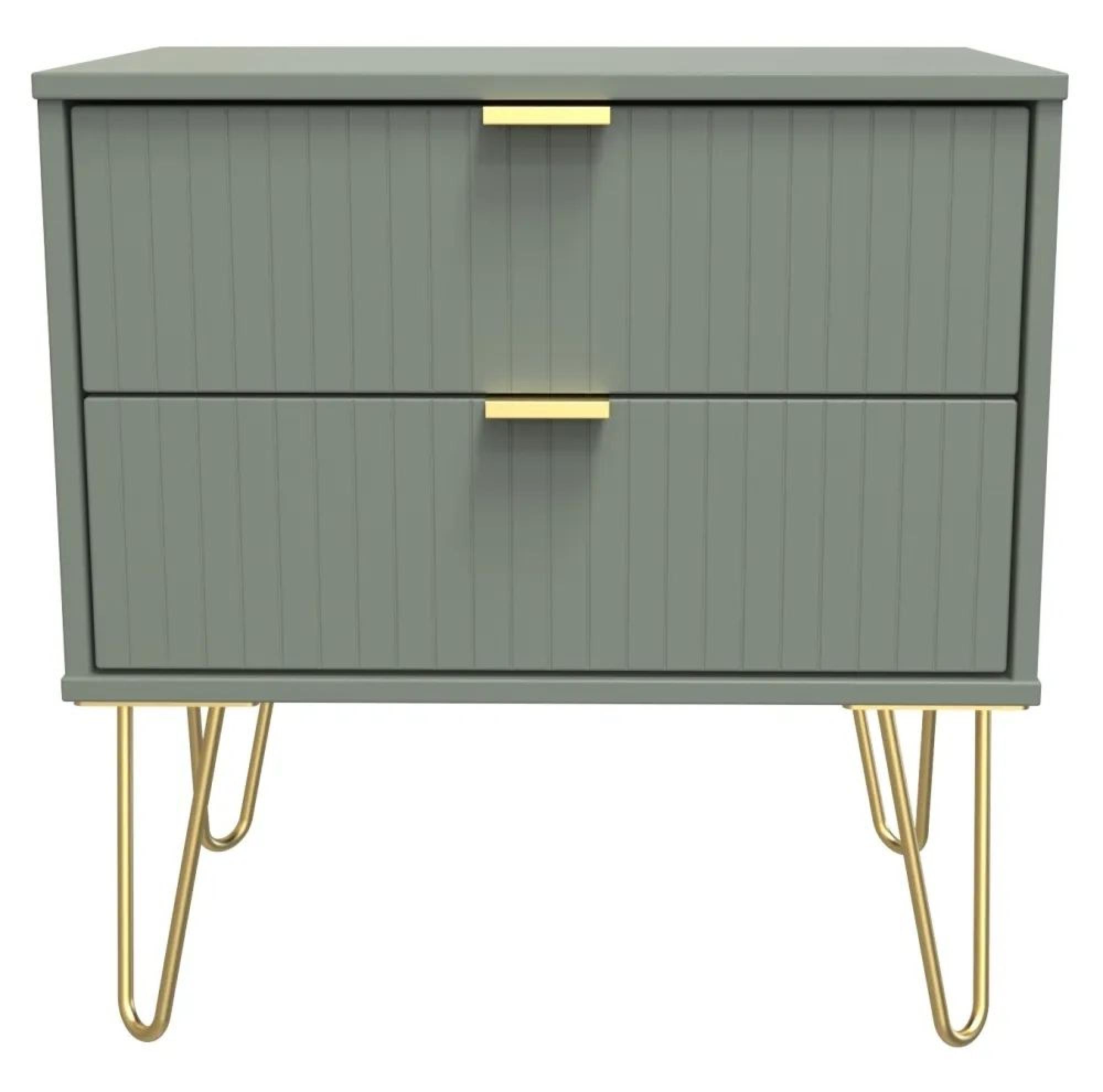Linear Green 2 Drawer Wide Bedside Cabinet with Gold Hairpin Legs