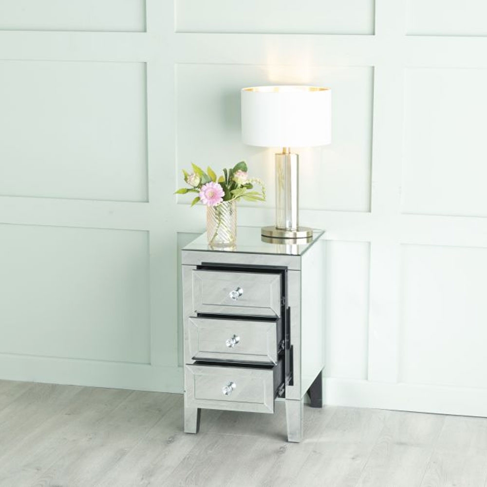 Lucia Bedside Cabinet - 3 Drawer - Mirrored