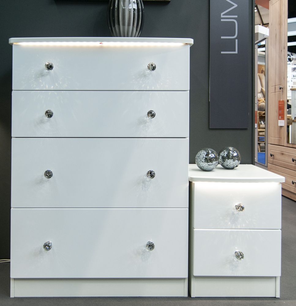 Lumiere Bedside Cabinet - 2 Drawer - White Gloss