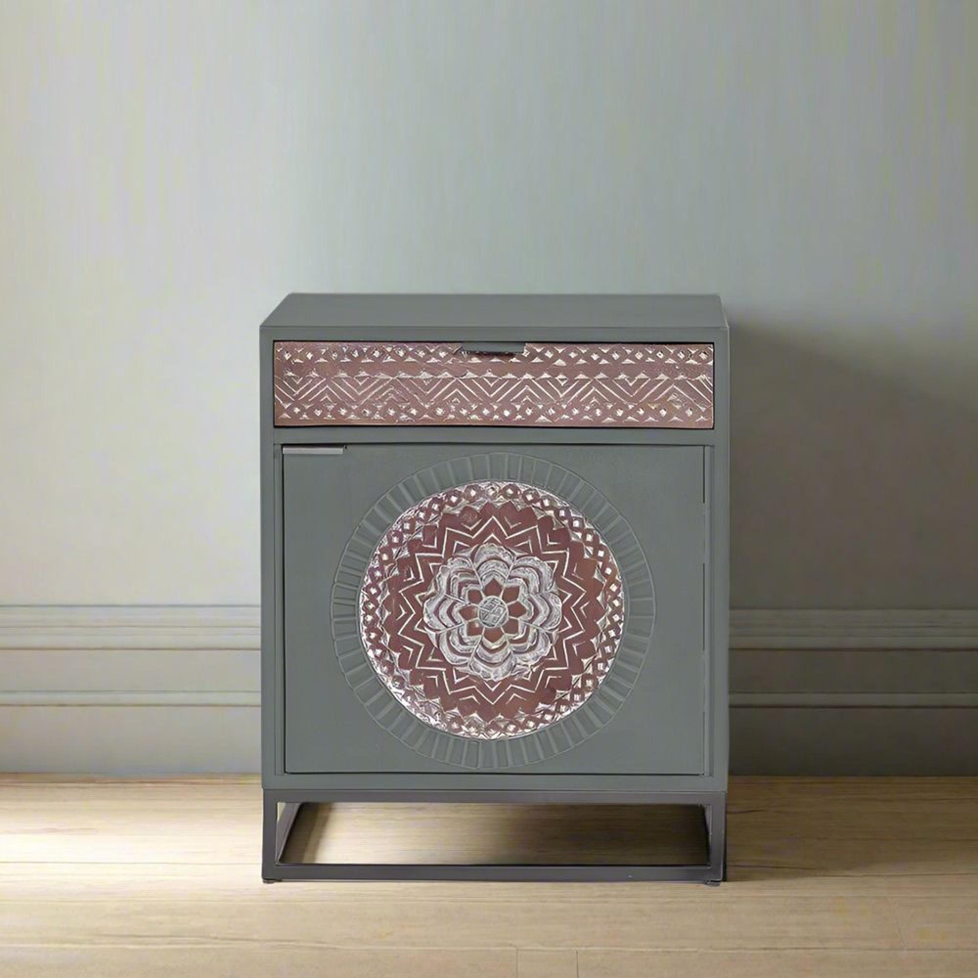 Lytton Bedside Cabinet - Grey Carved Mango Wood - 1 Door