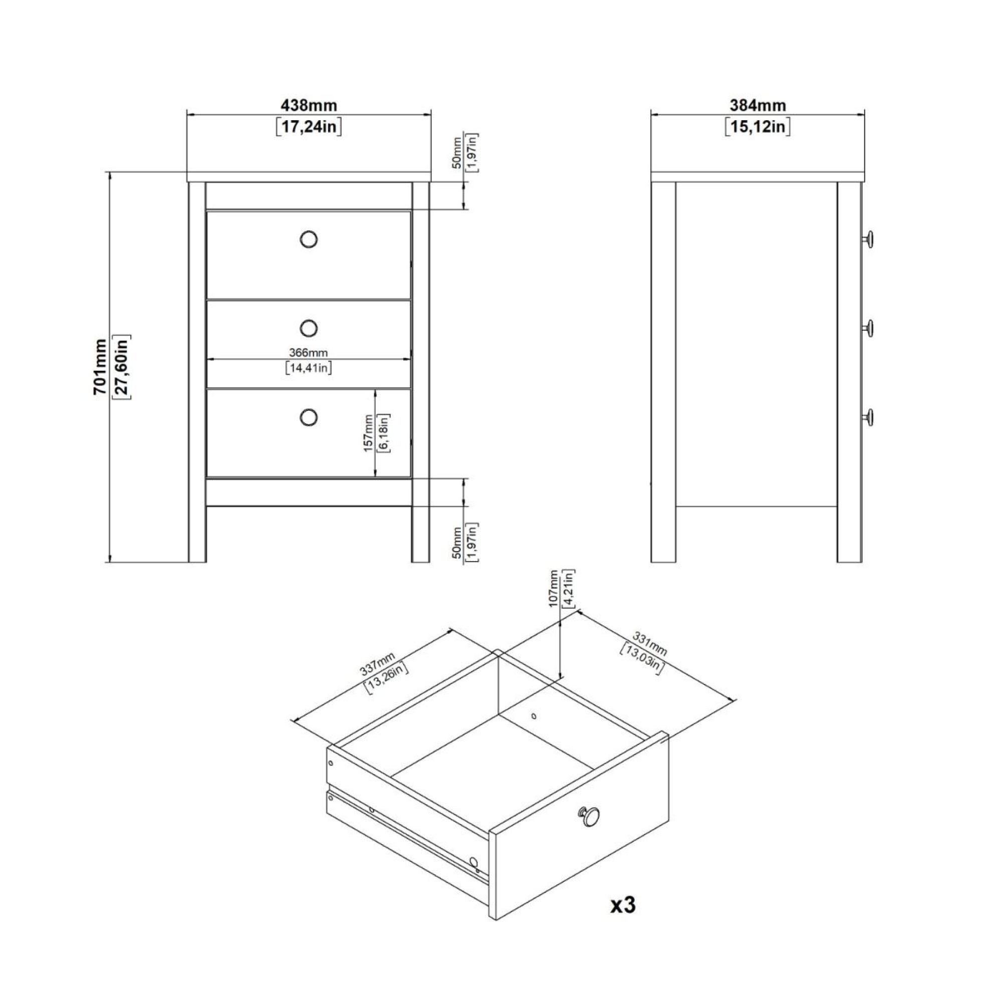 Madrid Bedside Table - 3 Drawer - Matt Black