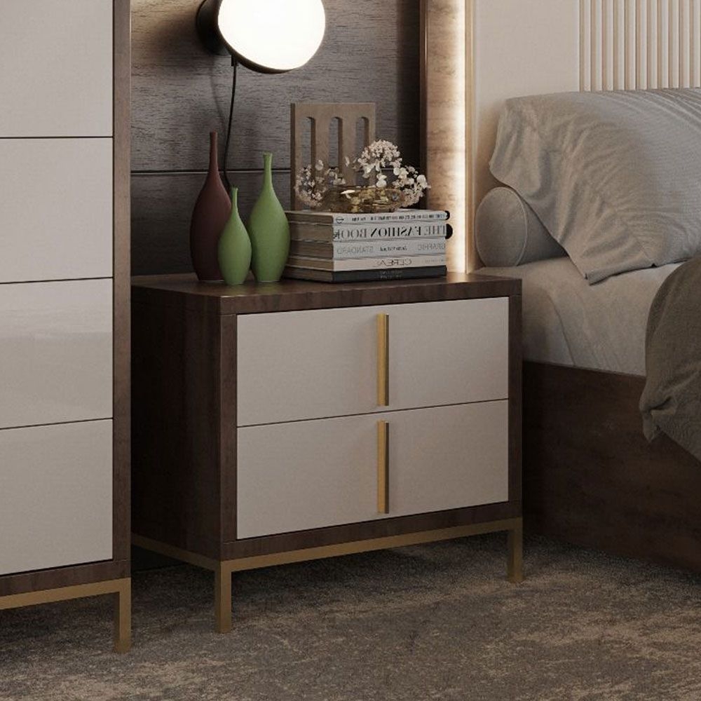 Meridian Cream and Walnut 2 Drawer Bedside Cabinet