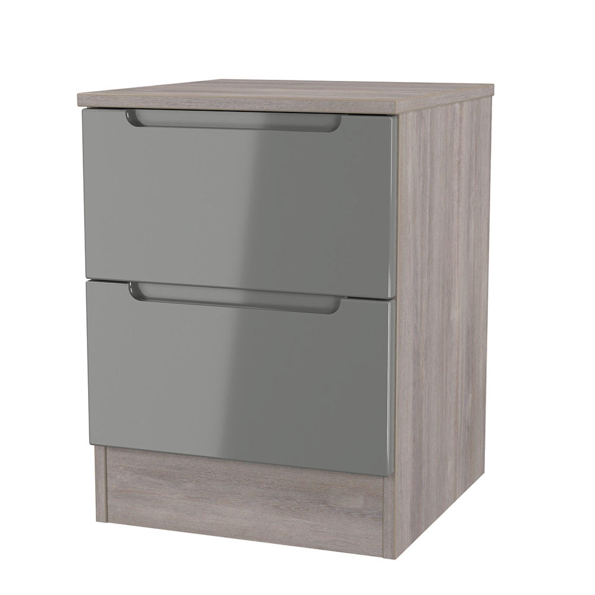 Milan Bedside Cabinet - 2 Drawer - Grey Gloss and Grey Oak