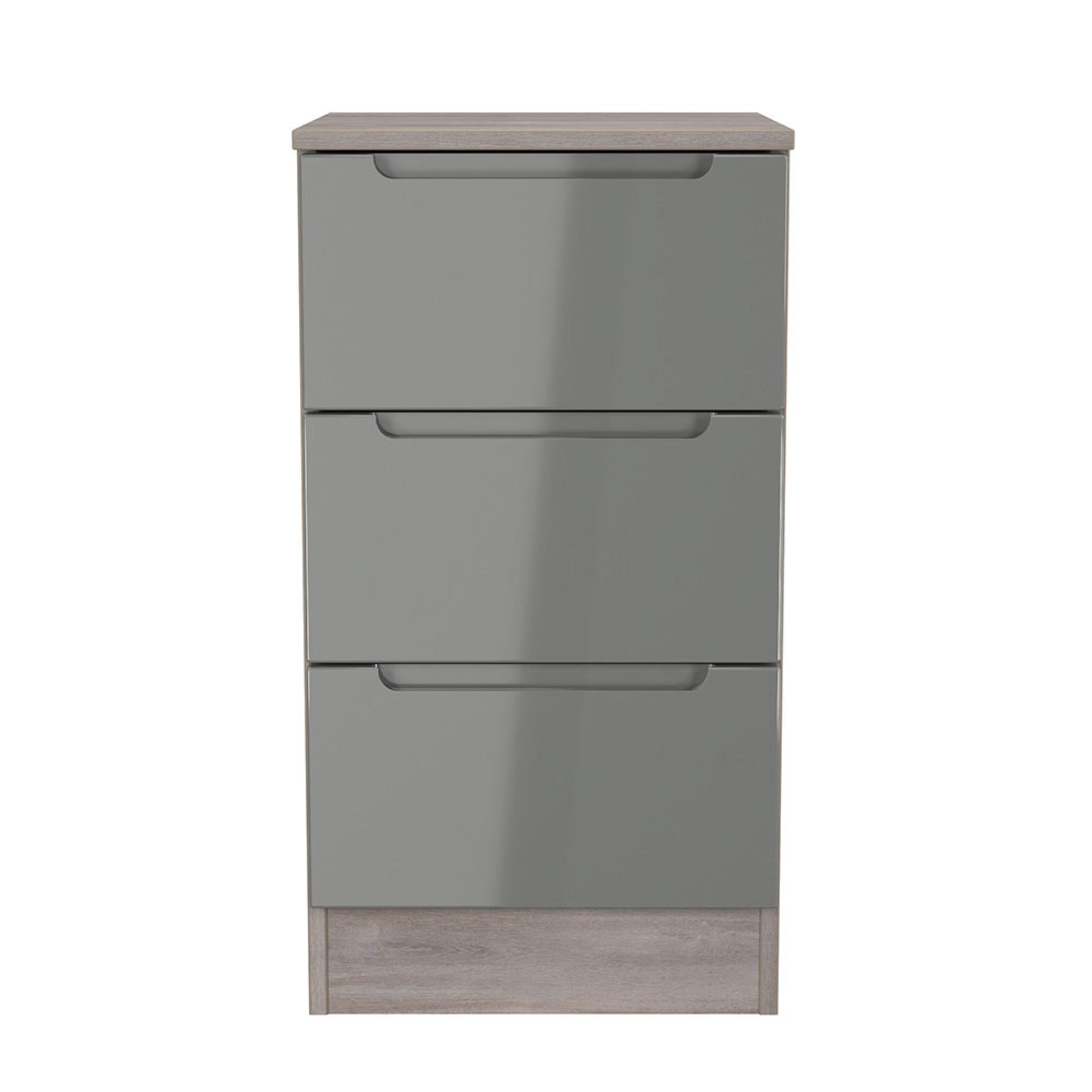 Milan Bedside Cabinet - 3 Drawer - Grey Gloss and Grey Oak
