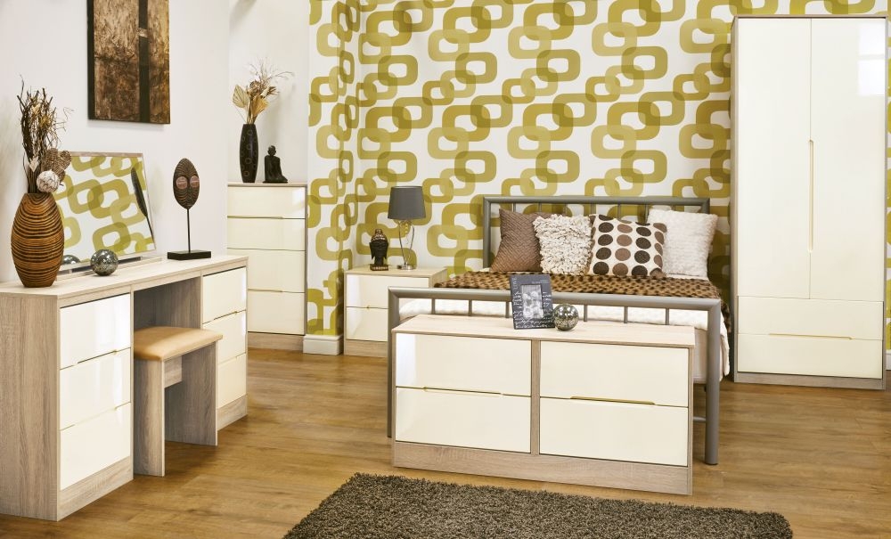 Monaco Bedside Cabinet - 2 Drawer - Cream Gloss and Oak