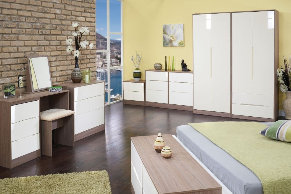 Monaco Bedside Cabinet - 2 Drawer - Cream Gloss and Toronto Walnut