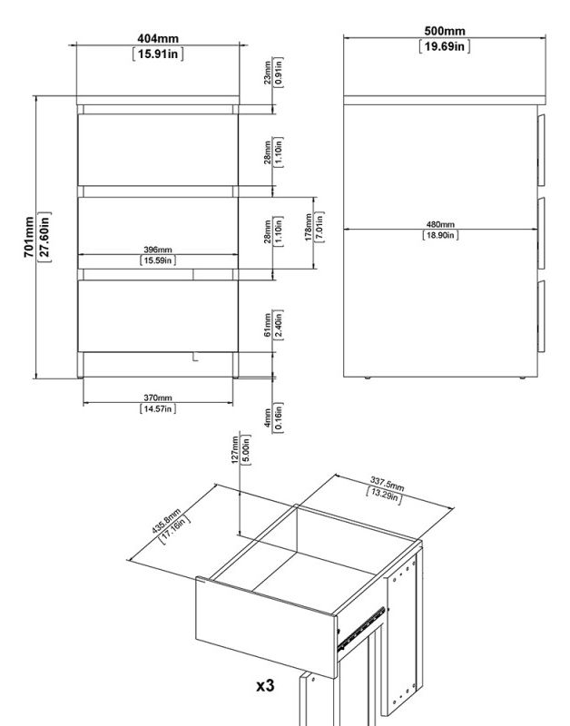 Naia Bedside Cabinet - 3 Drawer - Grey Concrete