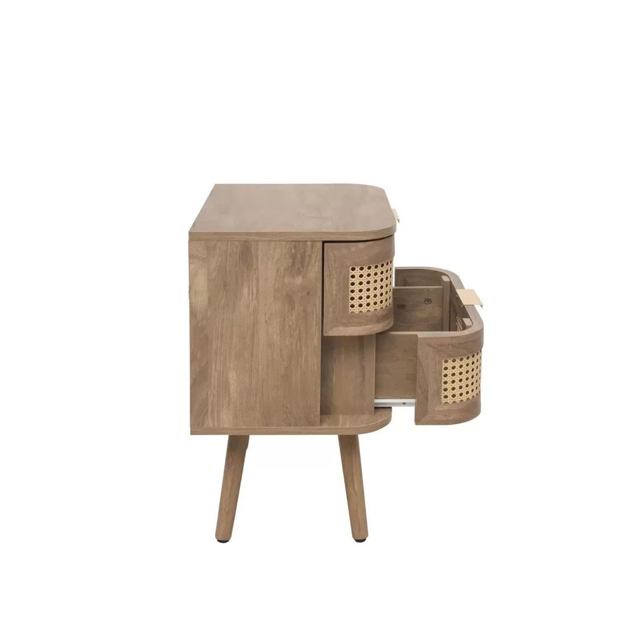 Noah Curved Bedside Table - 2 Drawer - Oak and Rattan