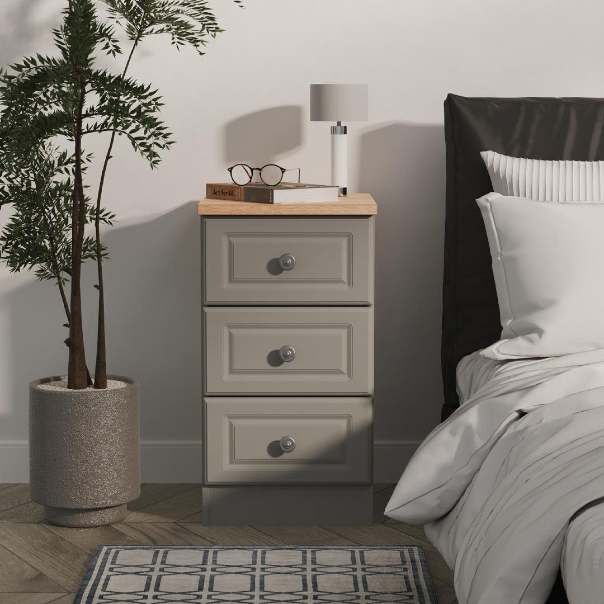 Norfolk Bedside Cabinet - 3 Drawer - Grey and Oak