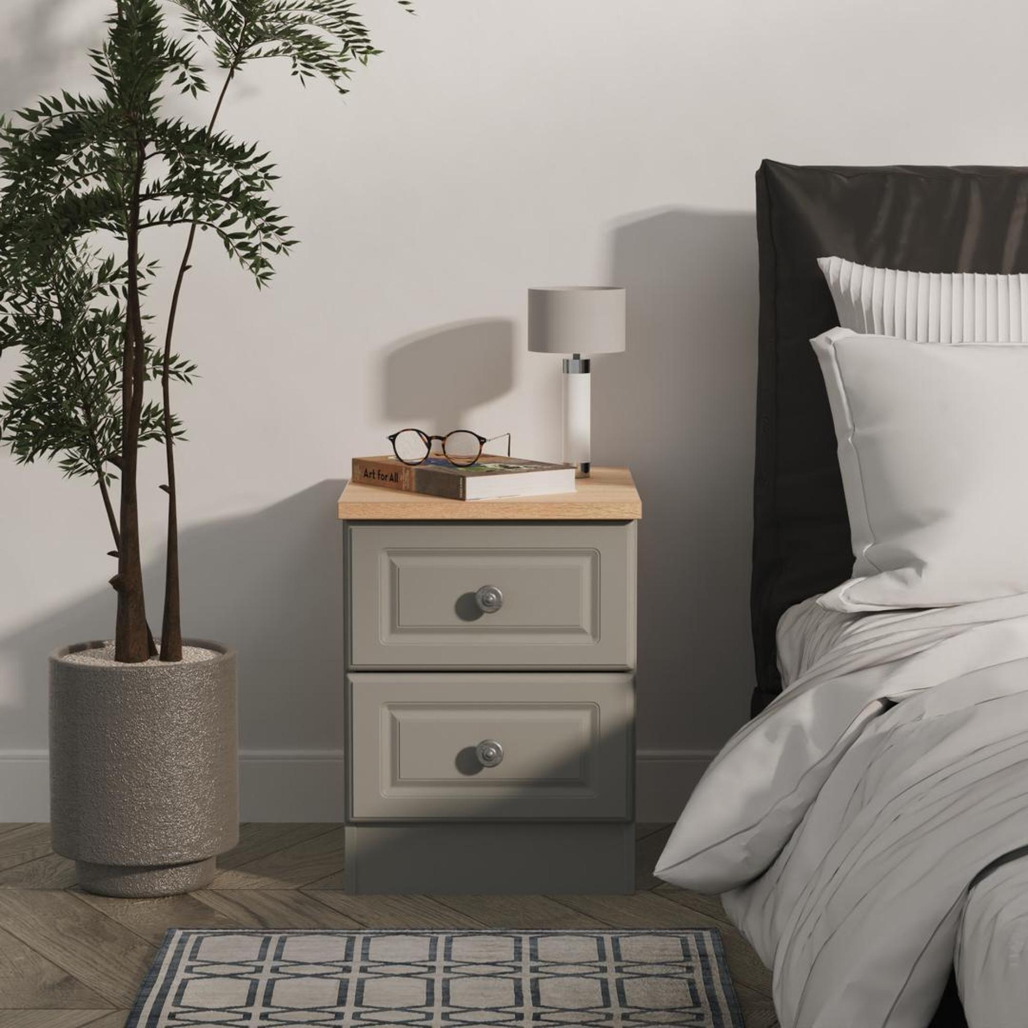 Norfolk Bedside Cabinet - 2 Drawer - Grey and Oak