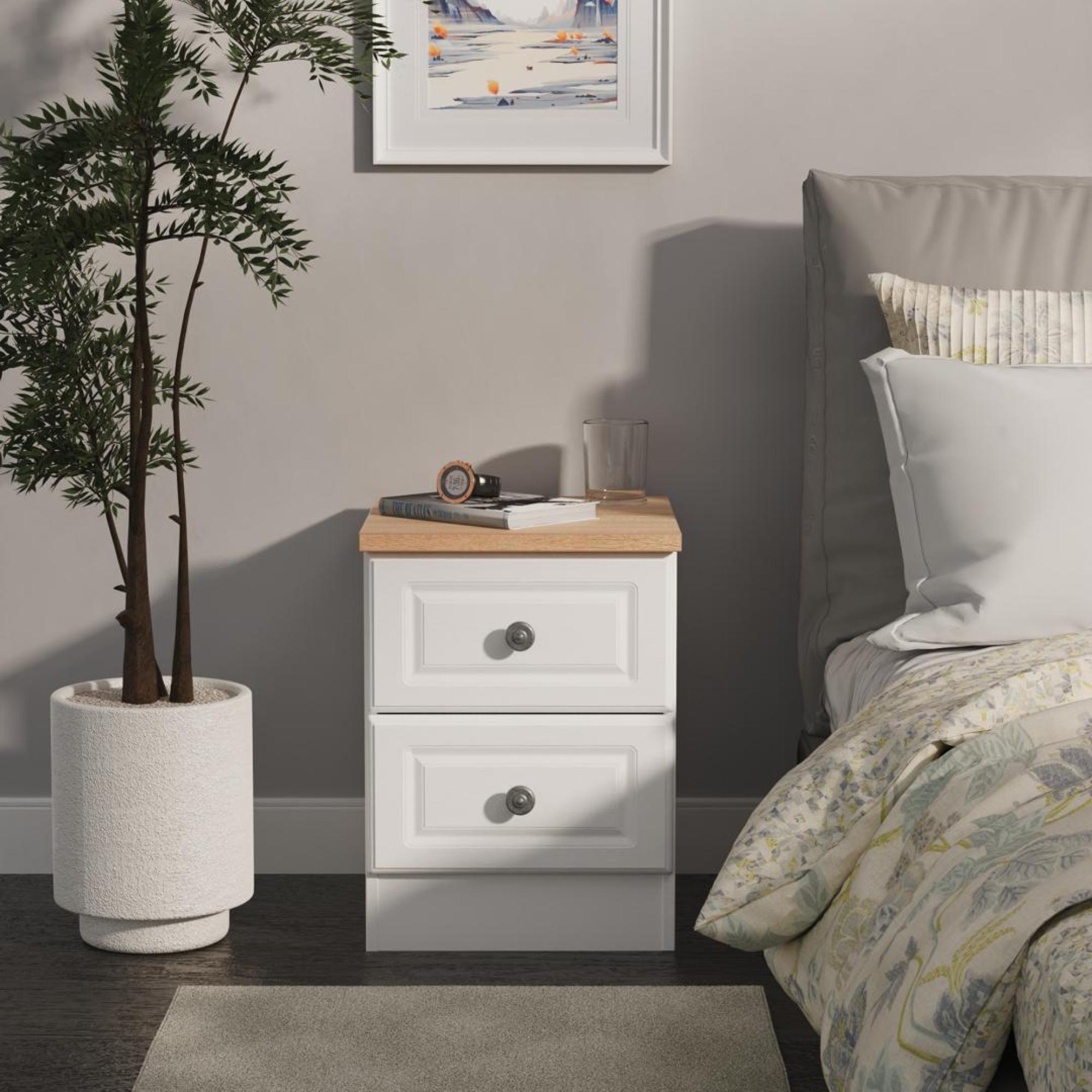 Norfolk Bedside Cabinet - 2 Drawer - White and Oak