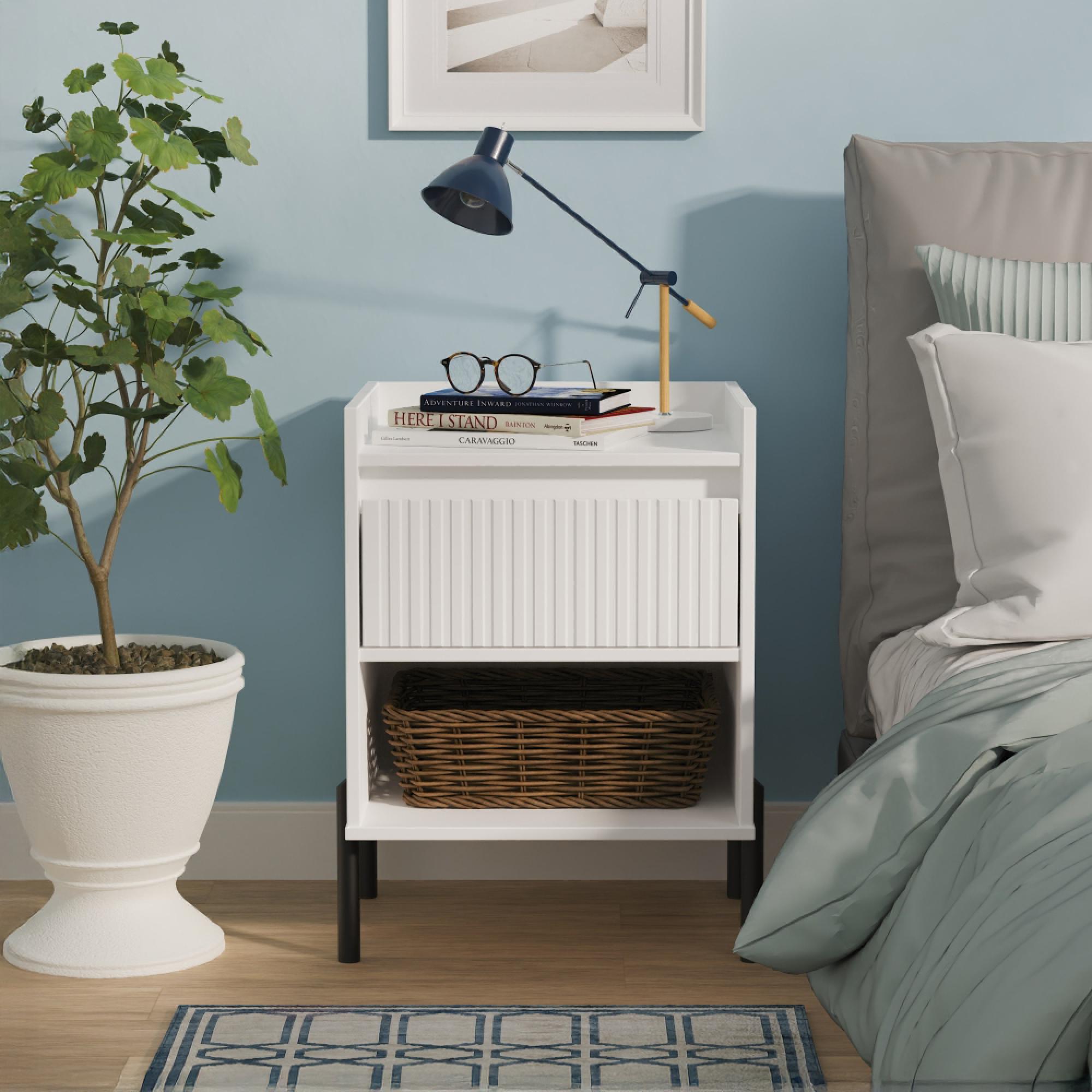 Osaka Bedside Cabinet - 1 Drawer - White Matt Fluted