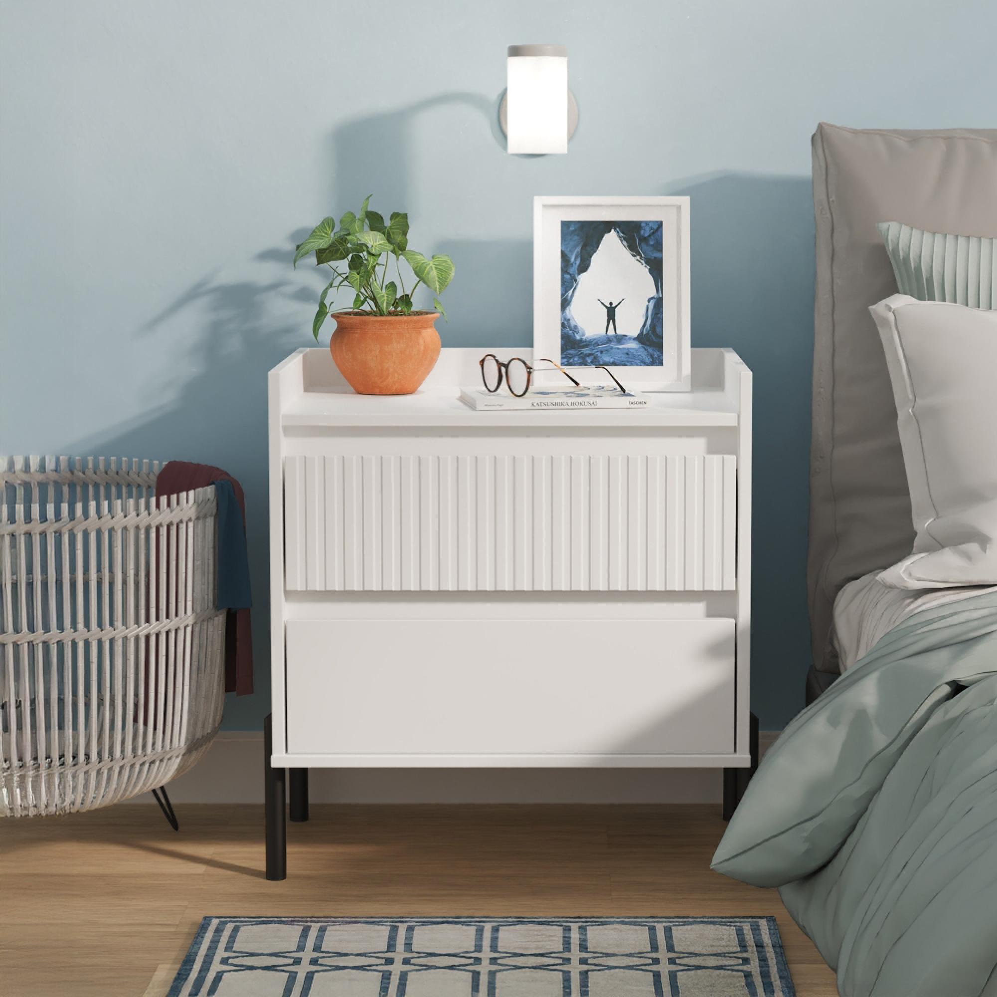 Osaka Bedside Cabinet - 2 Drawer - Midi - White Matt Fluted
