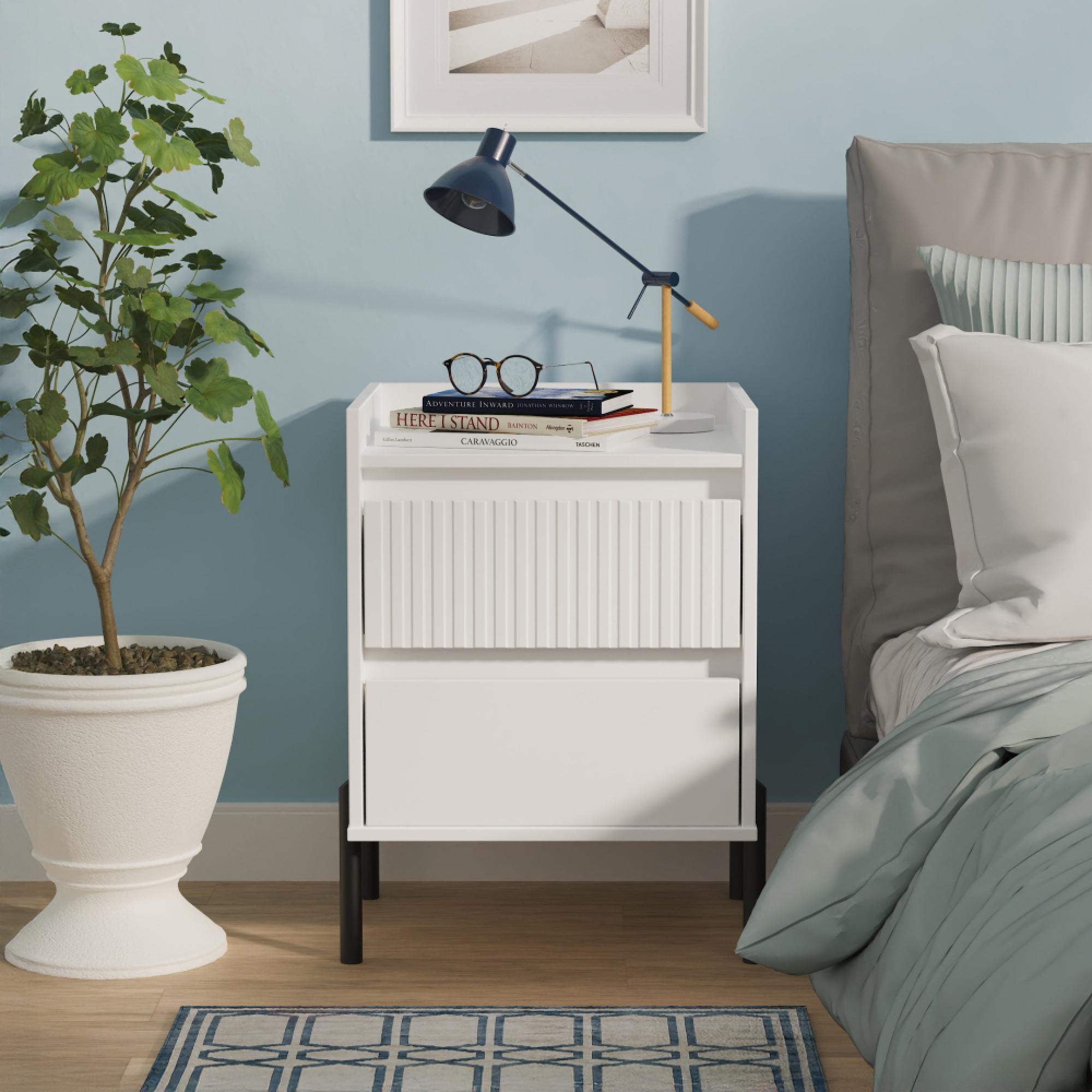 Osaka Bedside Cabinet - 2 Drawer - White Matt Fluted