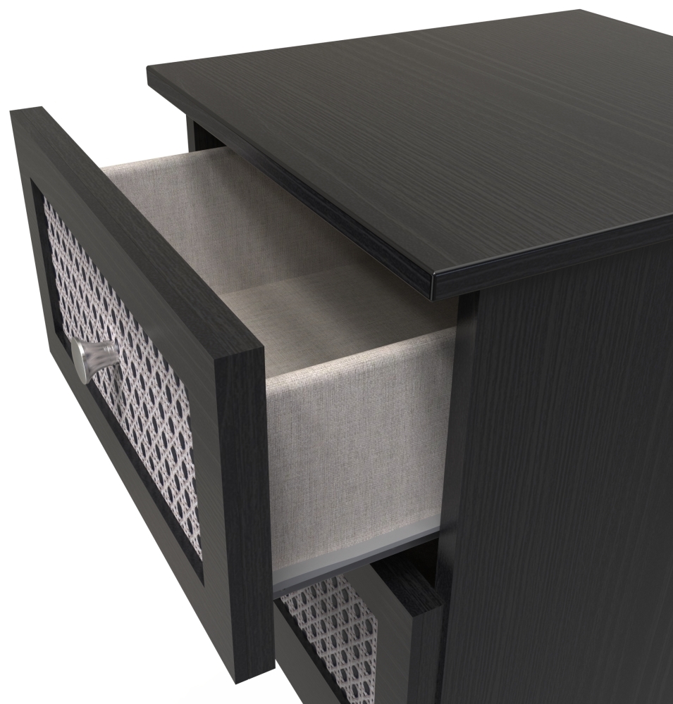 Rattan and Black Ash Bedside Cabinet - 2 Drawer
