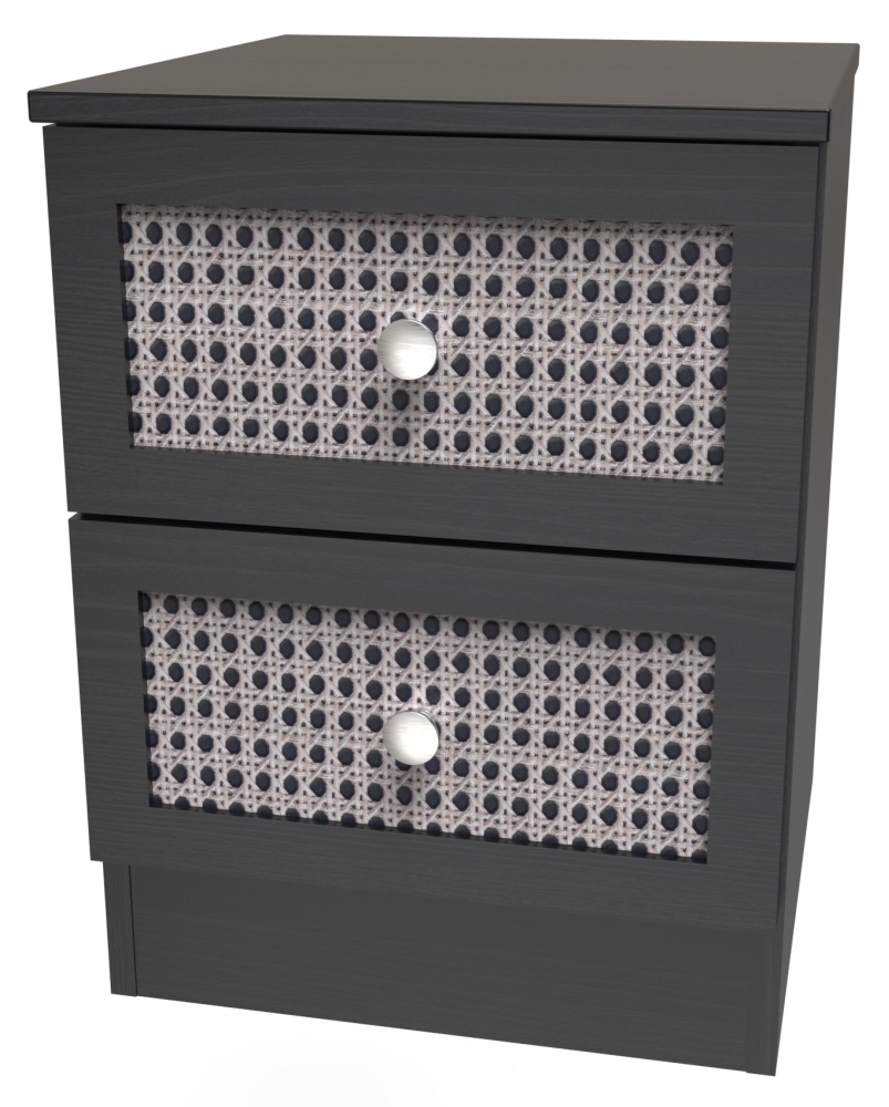 Rattan and Black Ash Bedside Cabinet - 2 Drawer