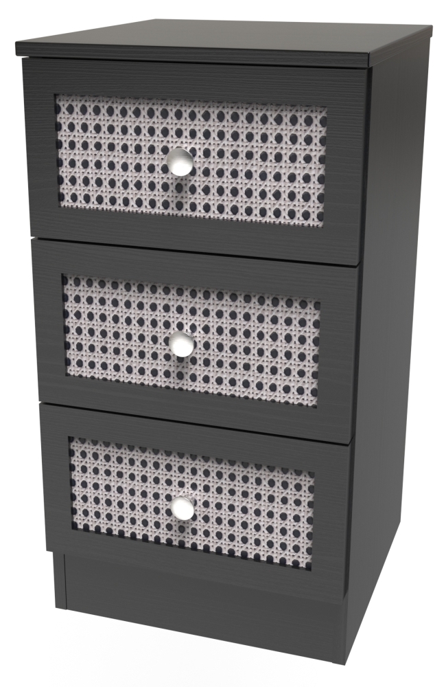 Rattan and Black Ash Bedside Cabinet - 3 Drawer