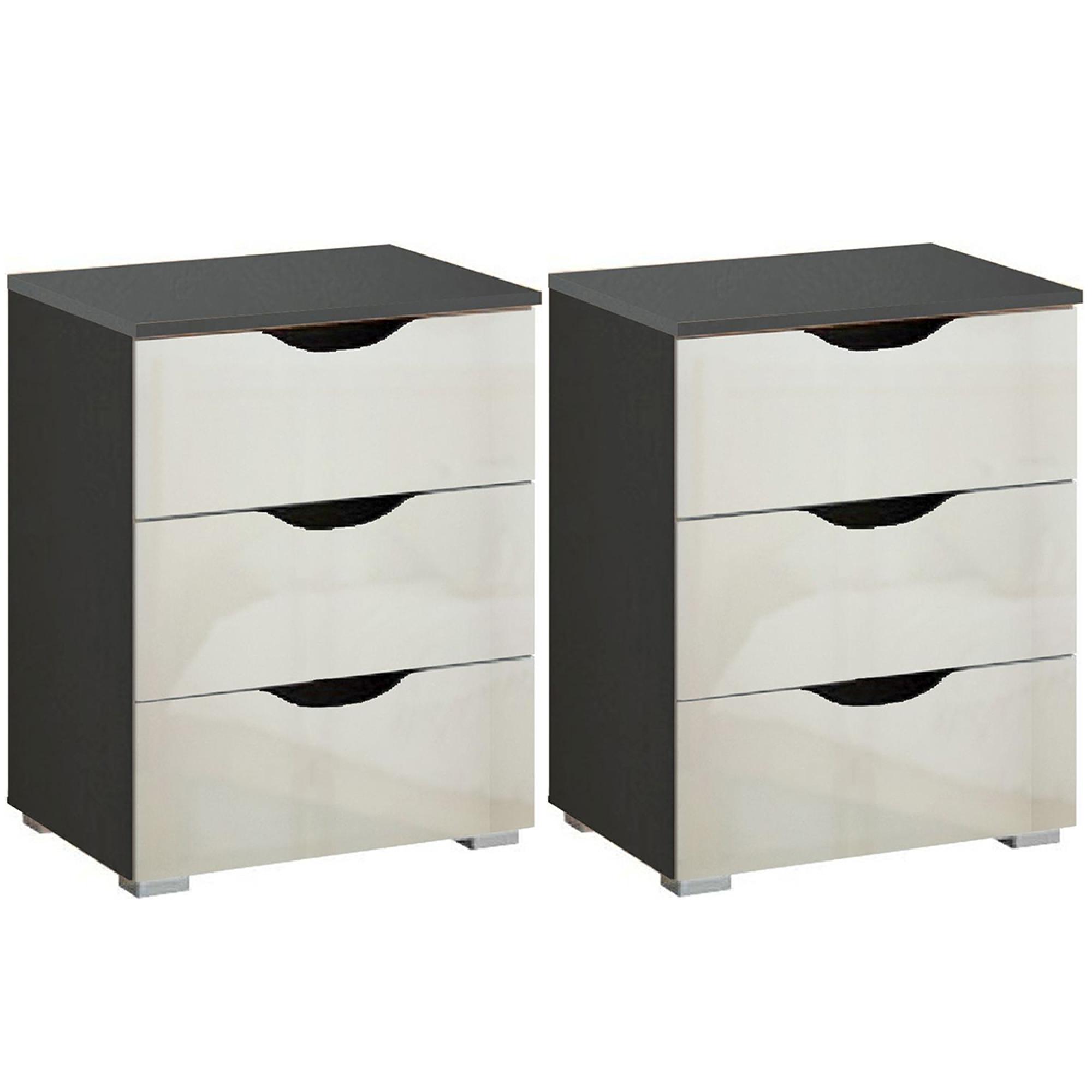 Rauch Arnstein 3 Drawer Bedside Cabinet - Set of 2 - Metallic Dark Grey and White High Gloss