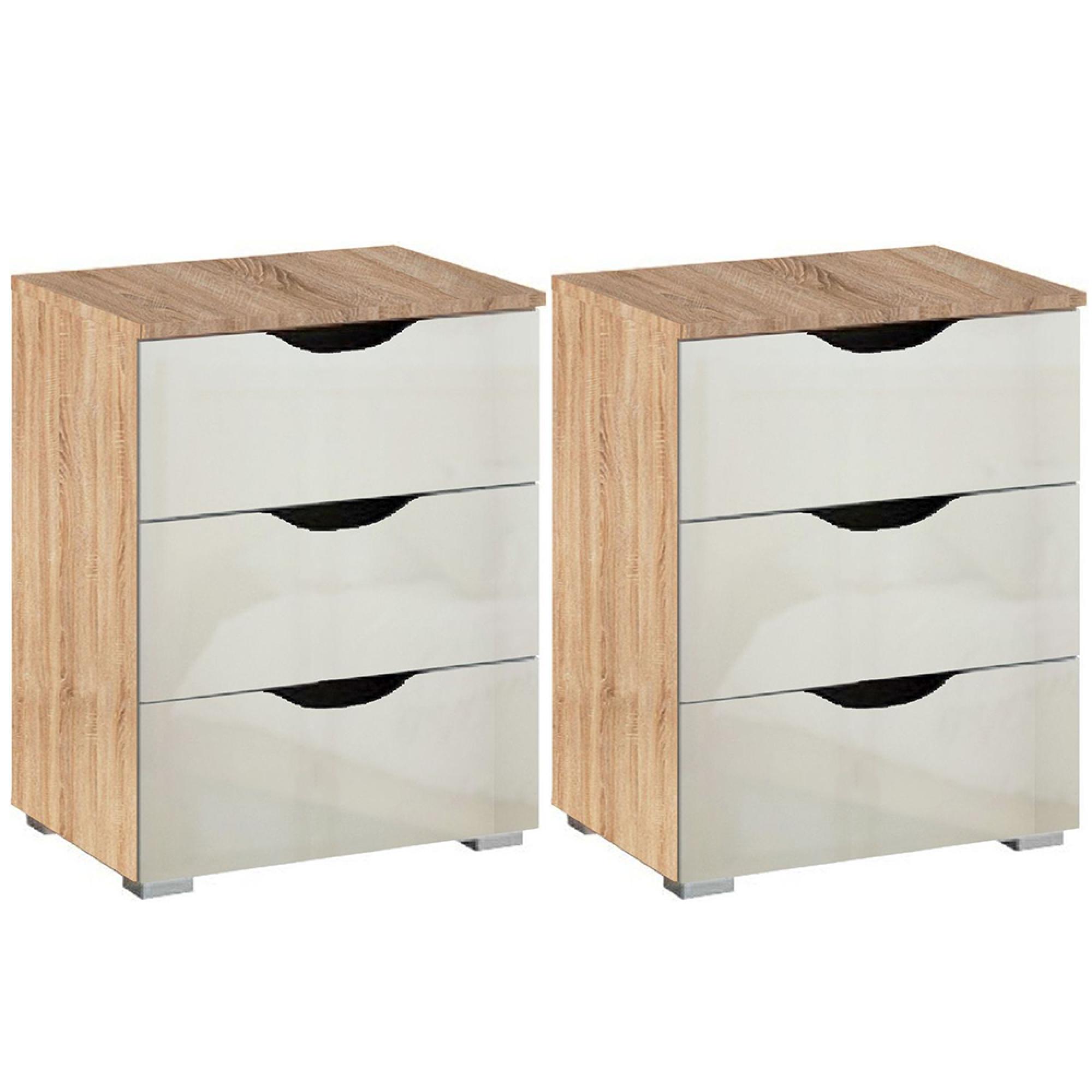 Rauch Arnstein 3 Drawer Bedside Cabinet - Set of 2 - Sonoma Oak and White High Gloss